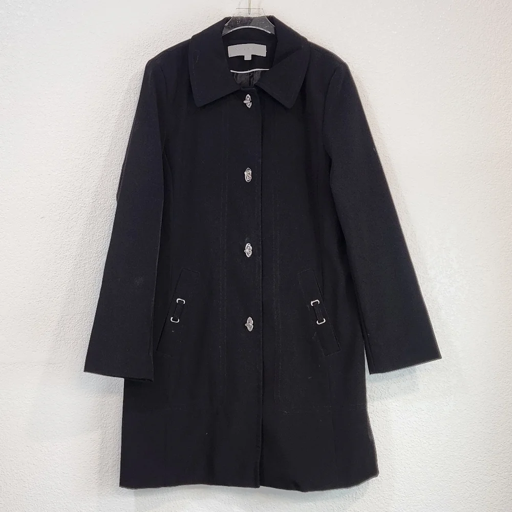 Ann Klein Women's Black Classy Long Sleeve Lined Rain Coat Sz M